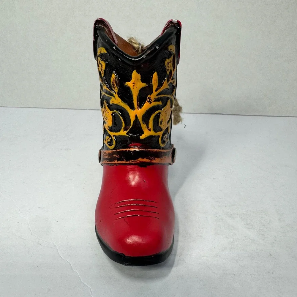 Western Cowboy Boot Ornament Red Black Yellow Filigree Resin‎ 4 Inch Hanging EUC